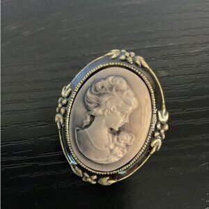 Vintage Brass Cameo Brooch Pin With Womans Profile Design